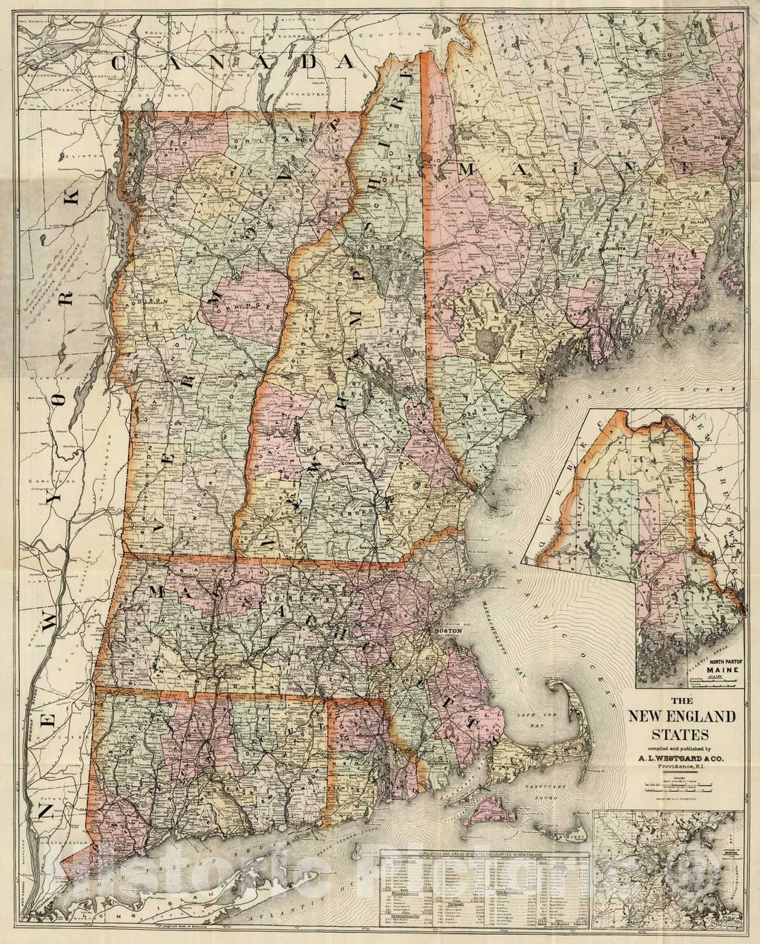 Historic Map : Pocket Map, New England States 1896 - Vintage Wall Art