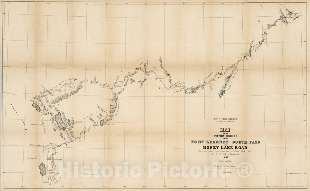 Historic Map - Map of the Western Division of the Fort Kearney South Pass and Honey Lake Road, 1857 - Vintage Wall Art