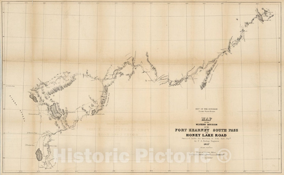 Historic Map - Map of the Western Division of the Fort Kearney South Pass and Honey Lake Road, 1857 - Vintage Wall Art