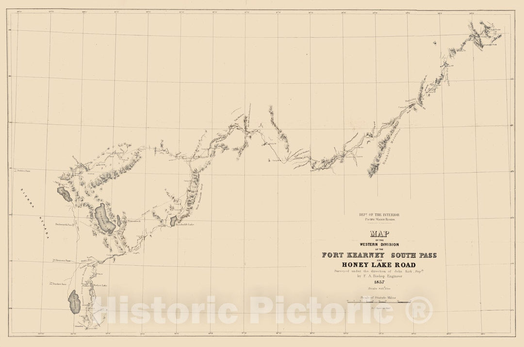 Historic Map - Map of the Western Division of the Fort Kearney South Pass and Honey Lake Road, 1857 - Vintage Wall Art