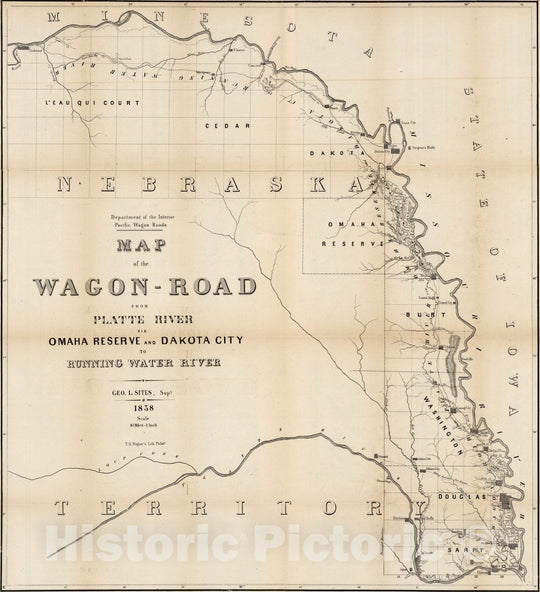 Historic Map : Map of the Wagon-Road from Platte River via Omaha Reserve and Dakota City to Running Water River, 1858 - Vintage Wall Art