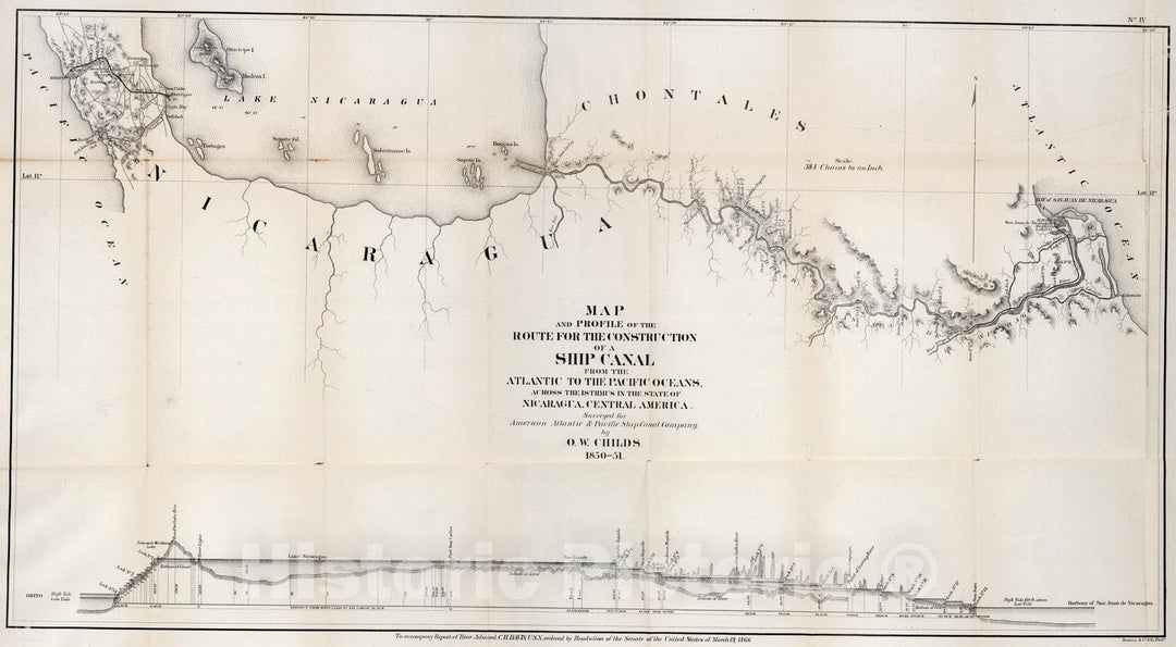 Historic Map : No.IV. Map and profile of the route from construction of a ship canal from the Atlantic to the Pacific oceans, 1866 - Vintage Wall Art