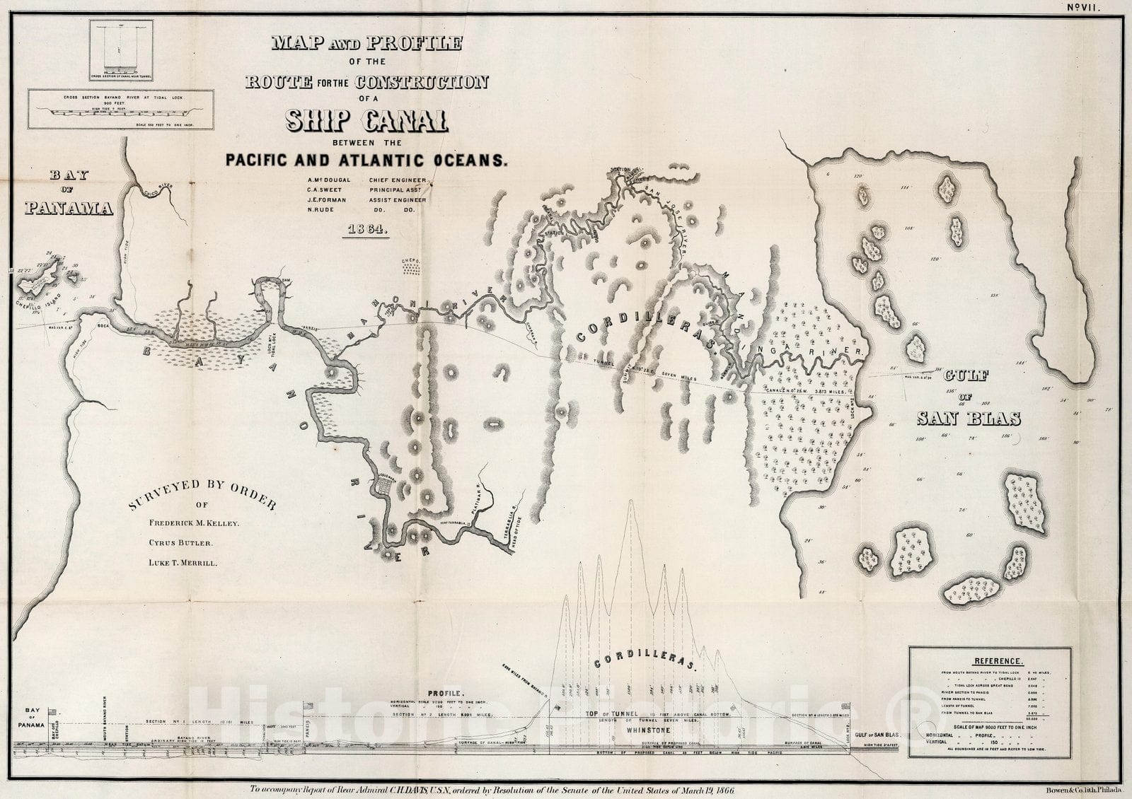 Historic Map : No.VII. Map and profile of the route for the construction of a ship canal between the Pacific and Atlantic Oceans, 1866 - Vintage Wall Art