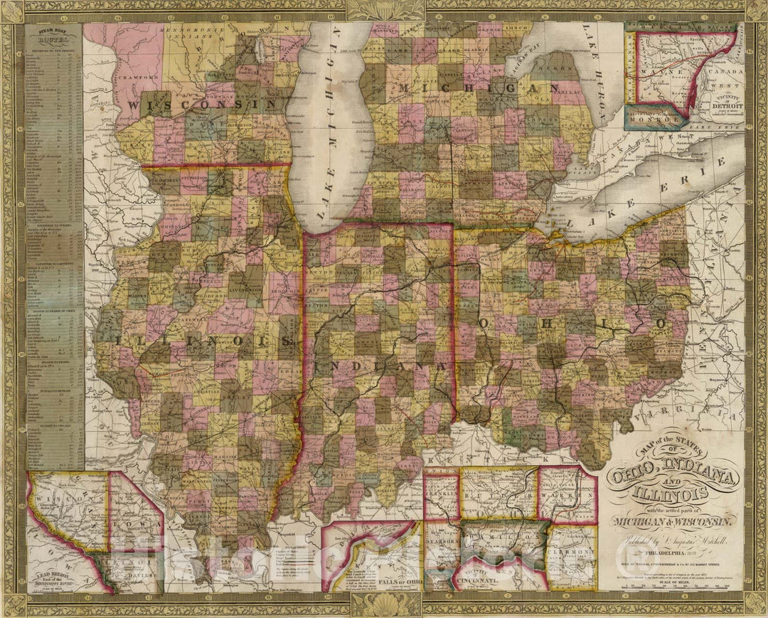 Historic Map : Pocket Map, Ohio, Indiana, Illinois, Michigan & Wisconsin 1847 - Vintage Wall Art