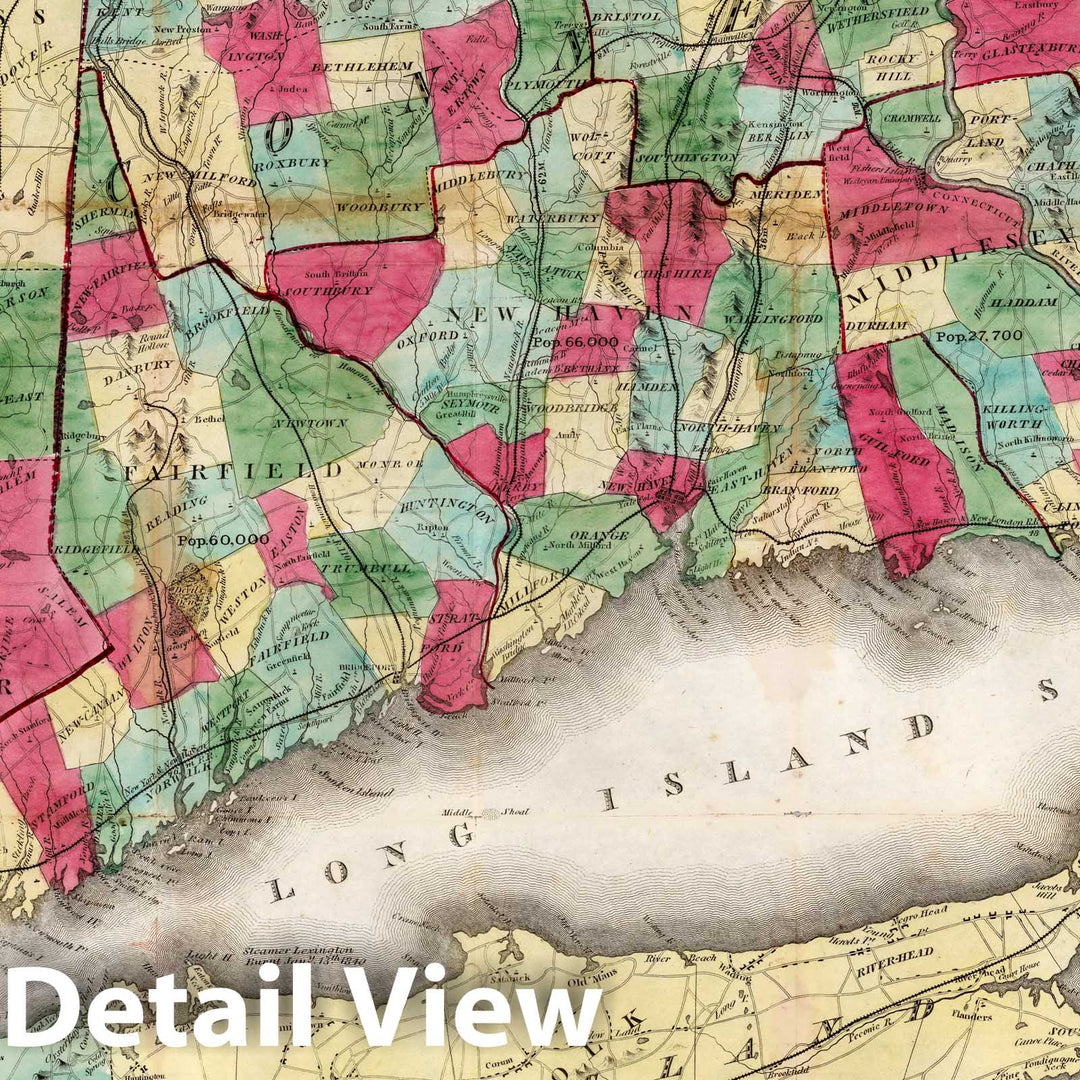 Historic Wall Map : Pocket Map, The State of Connecticut Including Parts of New York And New Jersey 1852 - Vintage Wall Art