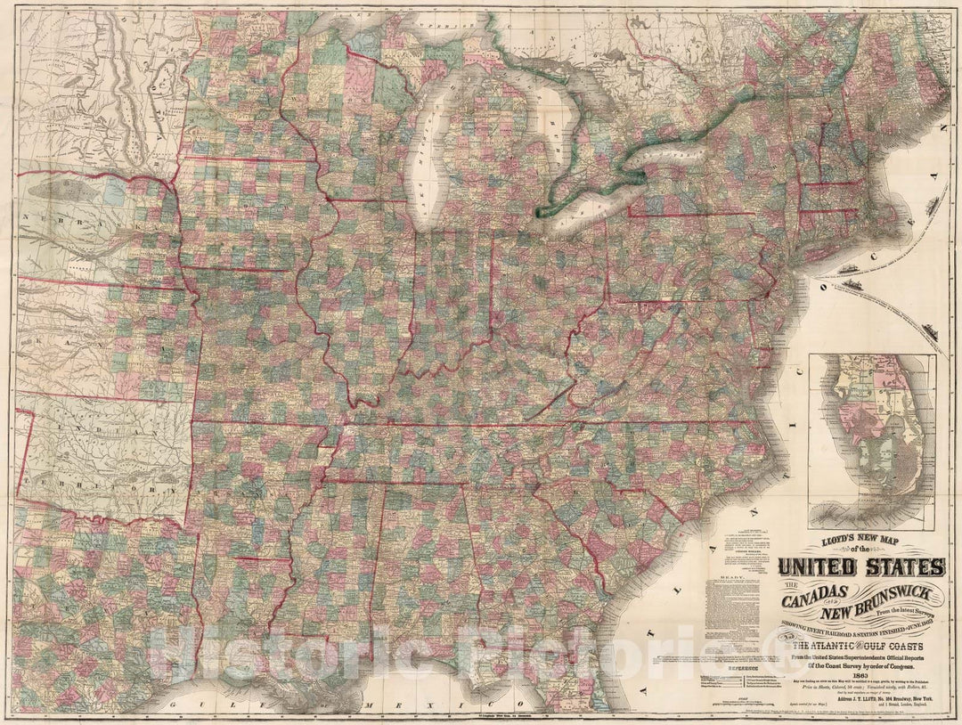 Historic Map : Pocket Map, United States, The Canadas And New Brunswick 1863 - Vintage Wall Art