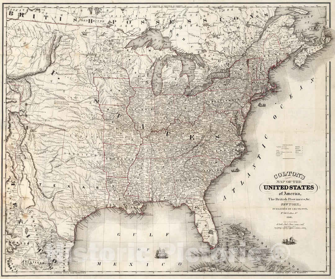 Historic Map : Map of the United States of America, The British Provinces, 1848 - Vintage Wall Art