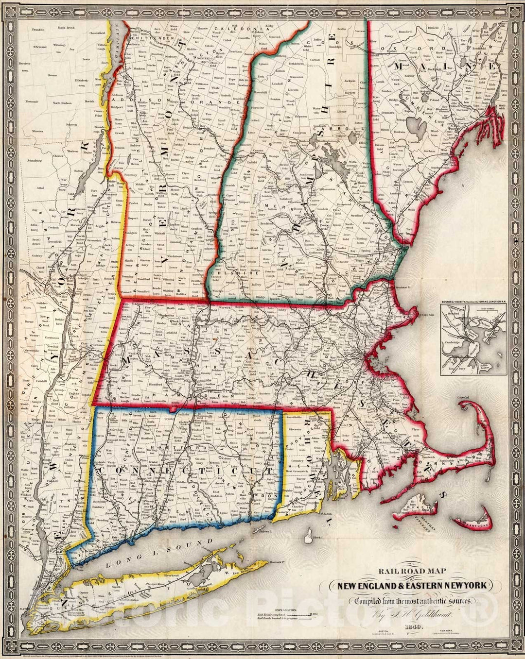 Historic Map : Railroad Map of New England & Eastern New York, 1849 - Vintage Wall Art