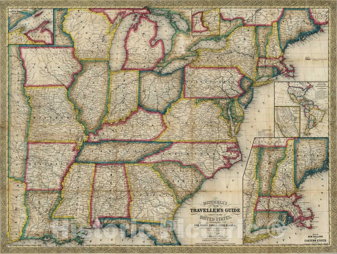 Historic Map : Guide Book, Guide Through The United States 1849 - Vintage Wall Art