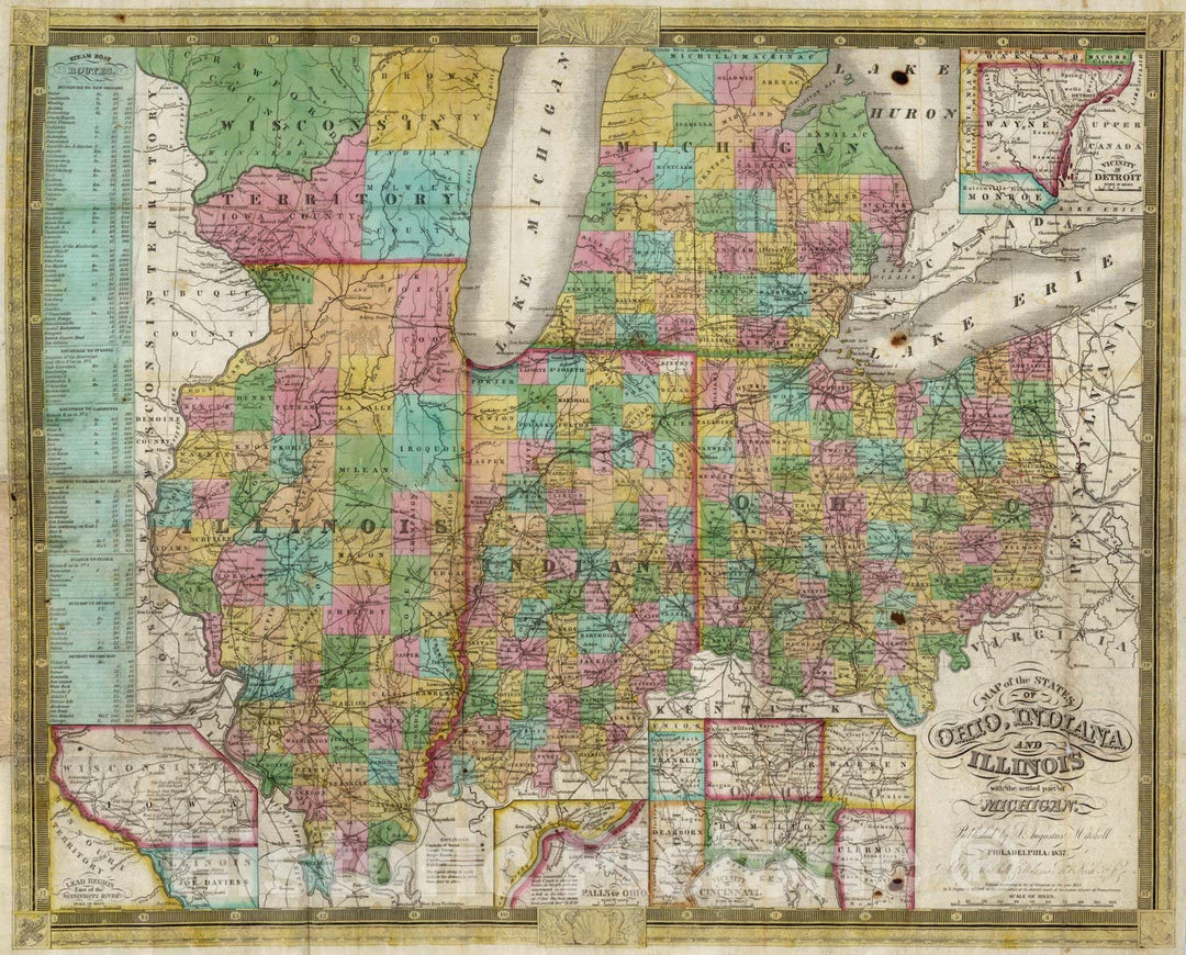 Historic Map : Pocket Map, Ohio, Indiana, Illinois And Michigan 1837 - Vintage Wall Art