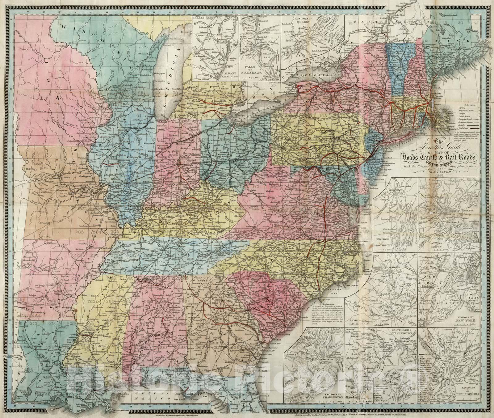 Historic Map : Pocket Map, Roads, Canals & Rail Roads of the United States 1846 - Vintage Wall Art