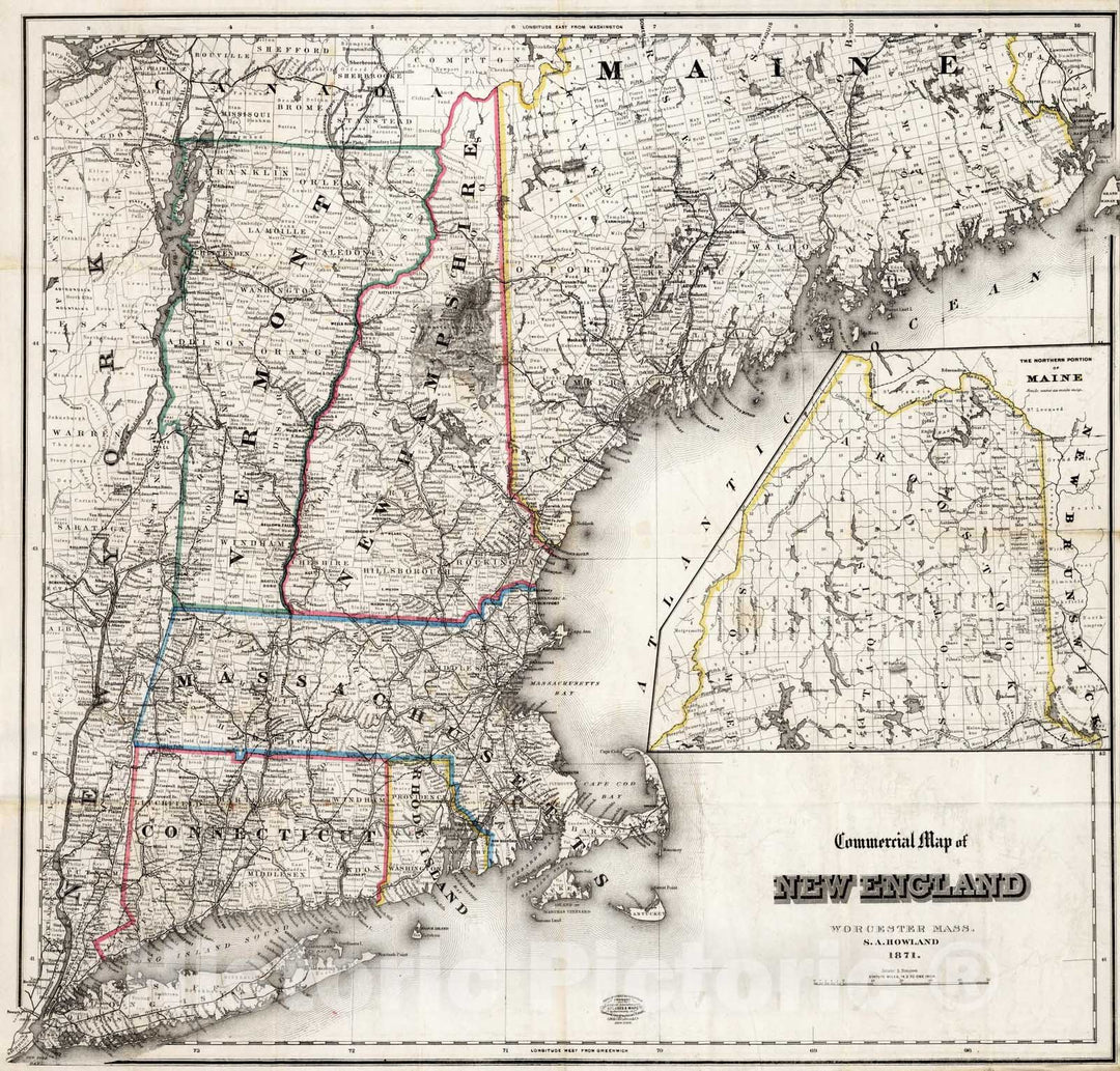 Historic Map : Commercial Map of New England, 1871 - Vintage Wall Art