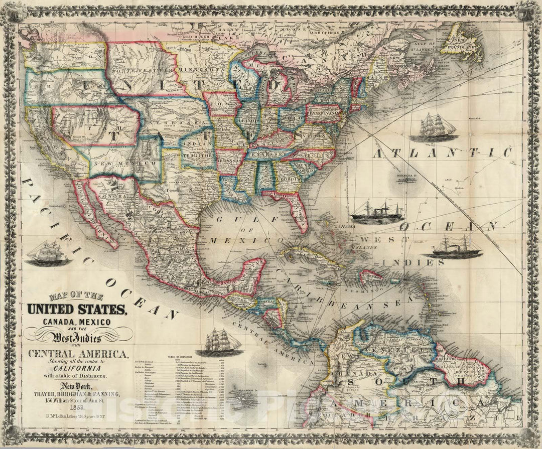 Historic Map : Pocket Map, United States, Canada, Mexico, West Indies with Central America 1853 - Vintage Wall Art