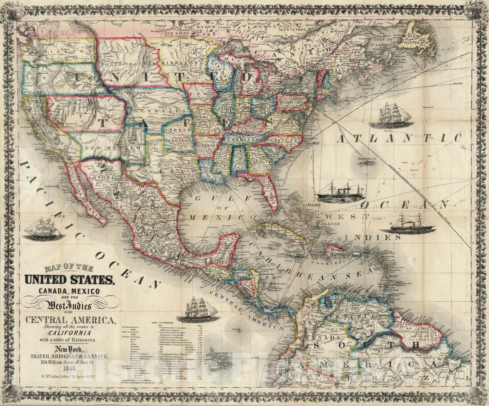 Historic Map : Pocket Map, United States, Canada, Mexico, West Indies with Central America 1853 - Vintage Wall Art