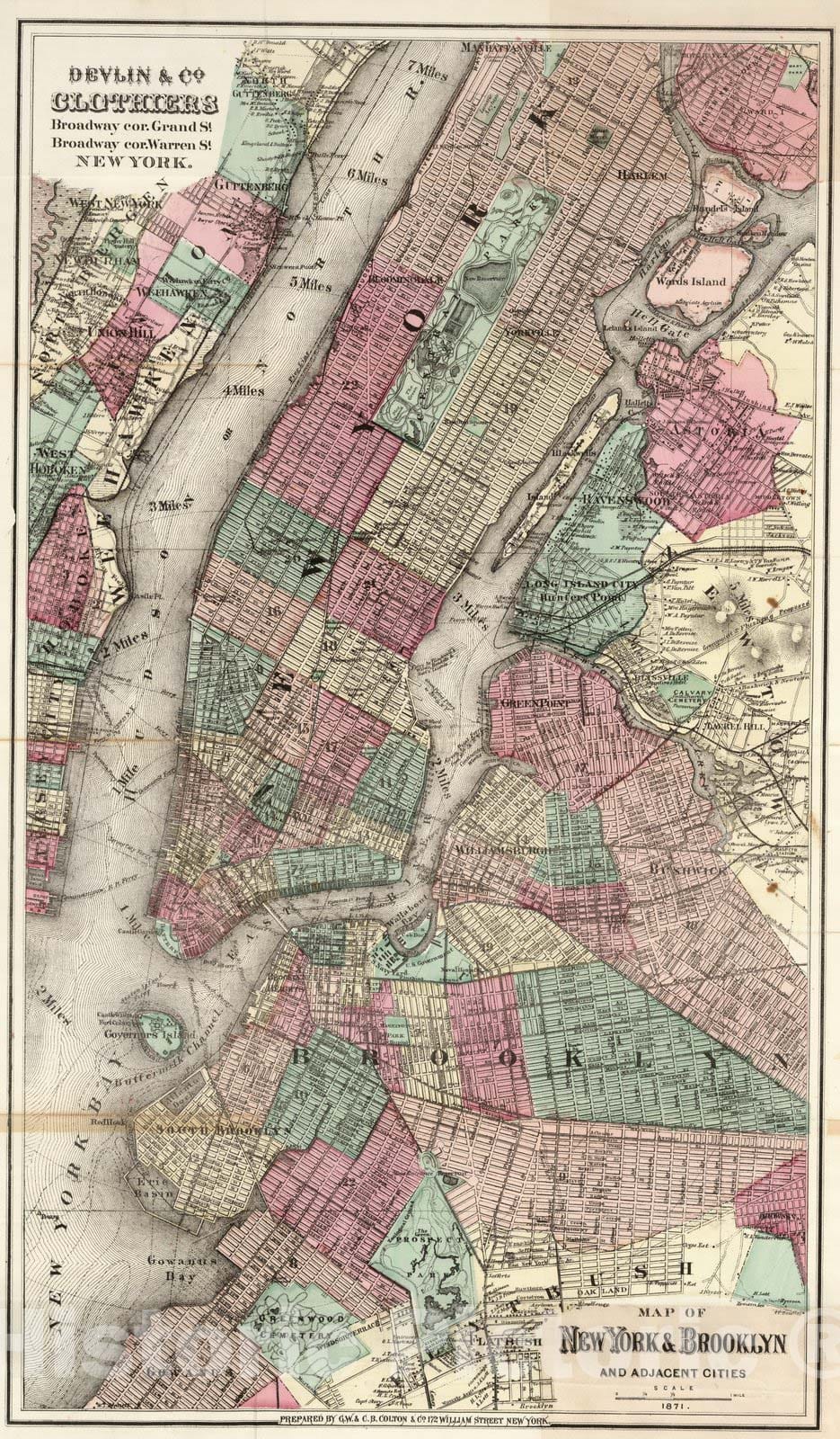 Historic Map : Guide Book, New York & Brooklyn And Adjacent Cities 1871 - Vintage Wall Art