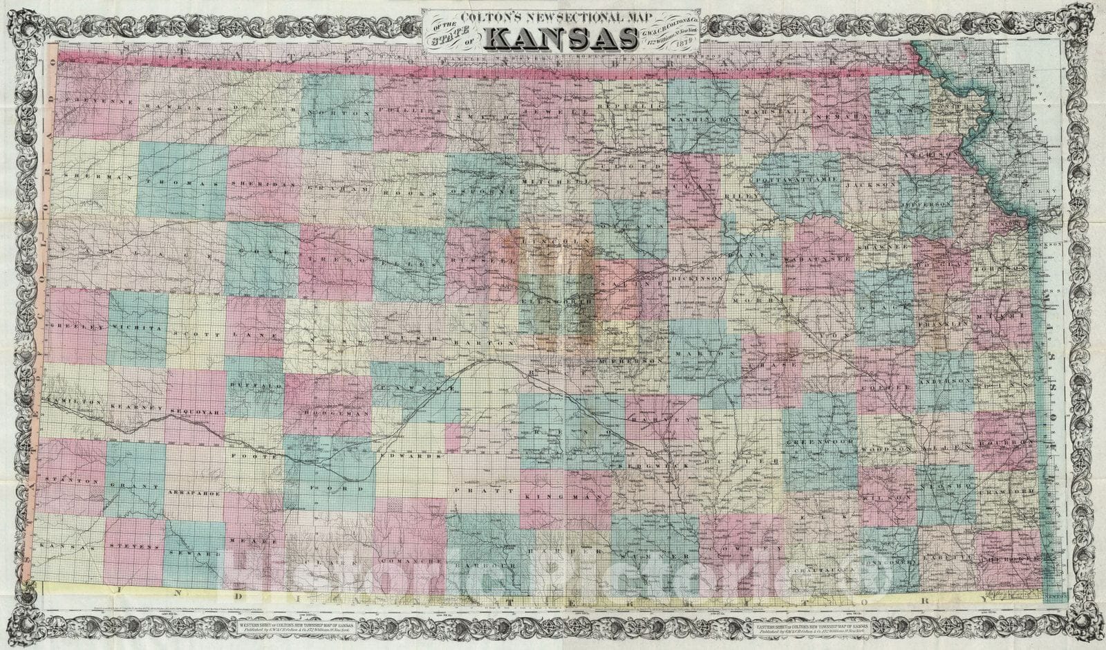 Historic Map : Composite: Sectional Map of The State of Kansas, 1879 - Vintage Wall Art