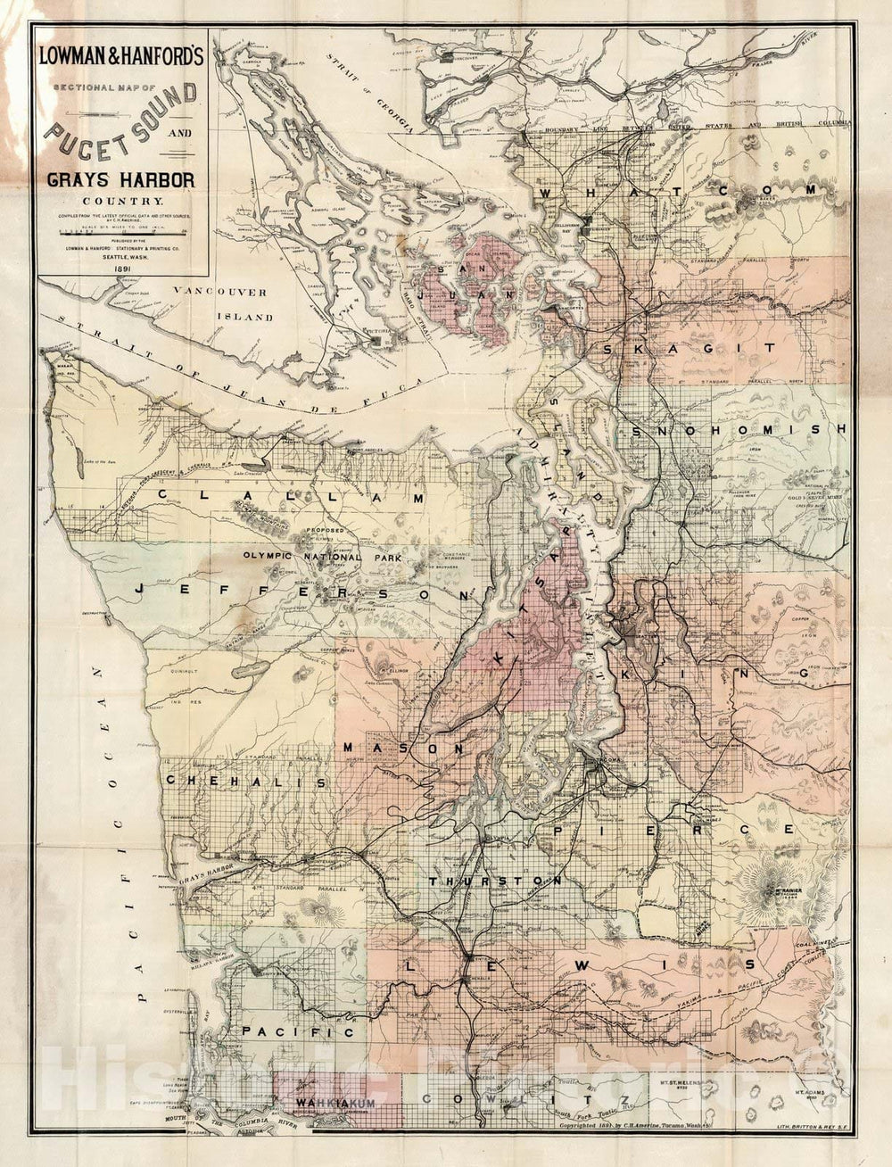 Historic Map : Map of Puget Sound And Grays Harbor Country, 1891 - Vintage Wall Art