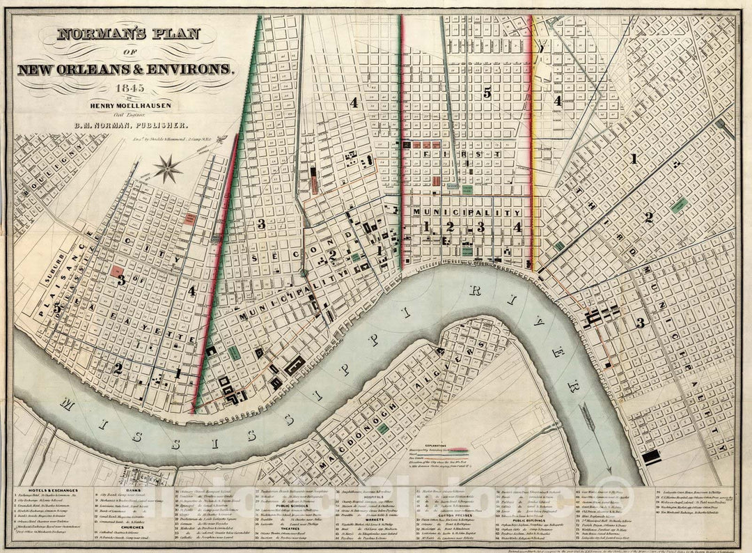 Historic Map : Guide Book, Norman's Plan of New Orleans & Environs 1845 - Vintage Wall Art