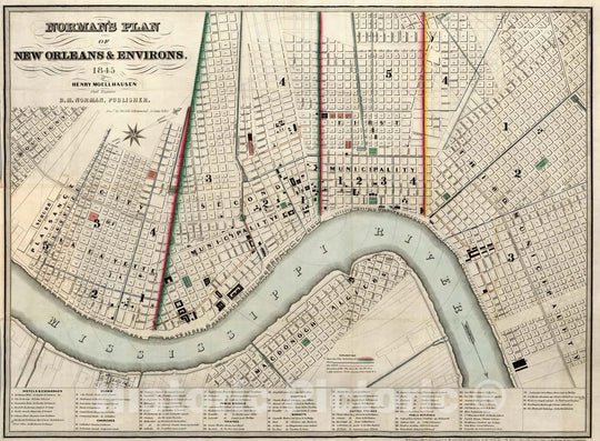 Historic Map : Guide Book, Norman's Plan of New Orleans & Environs 1845 - Vintage Wall Art