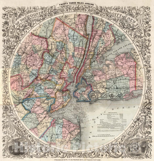 Historic Map : Pocket Map, Thirty Three Miles Around The City of New York 1876 - Vintage Wall Art