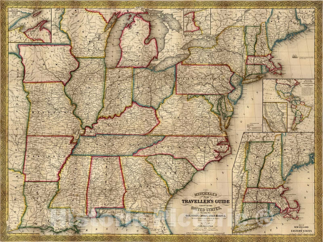 Historic Wall Map : Guide Book, Traveller's Guide Through The United States 1851 - Vintage Wall Art