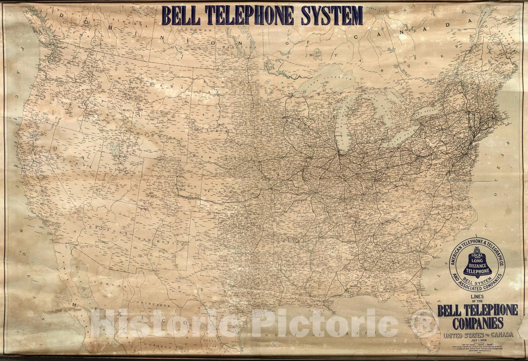 Historic Map : Wall Map, Lines of The Bell Telephone Companies. United States And Canada. 1910 - Vintage Wall Art