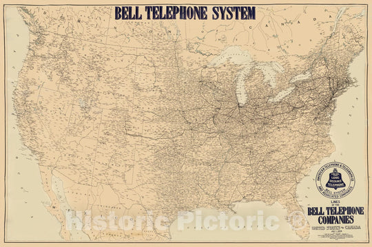 Historic Map : Wall Map, Lines of The Bell Telephone Companies. United States And Canada. 1910 - Vintage Wall Art