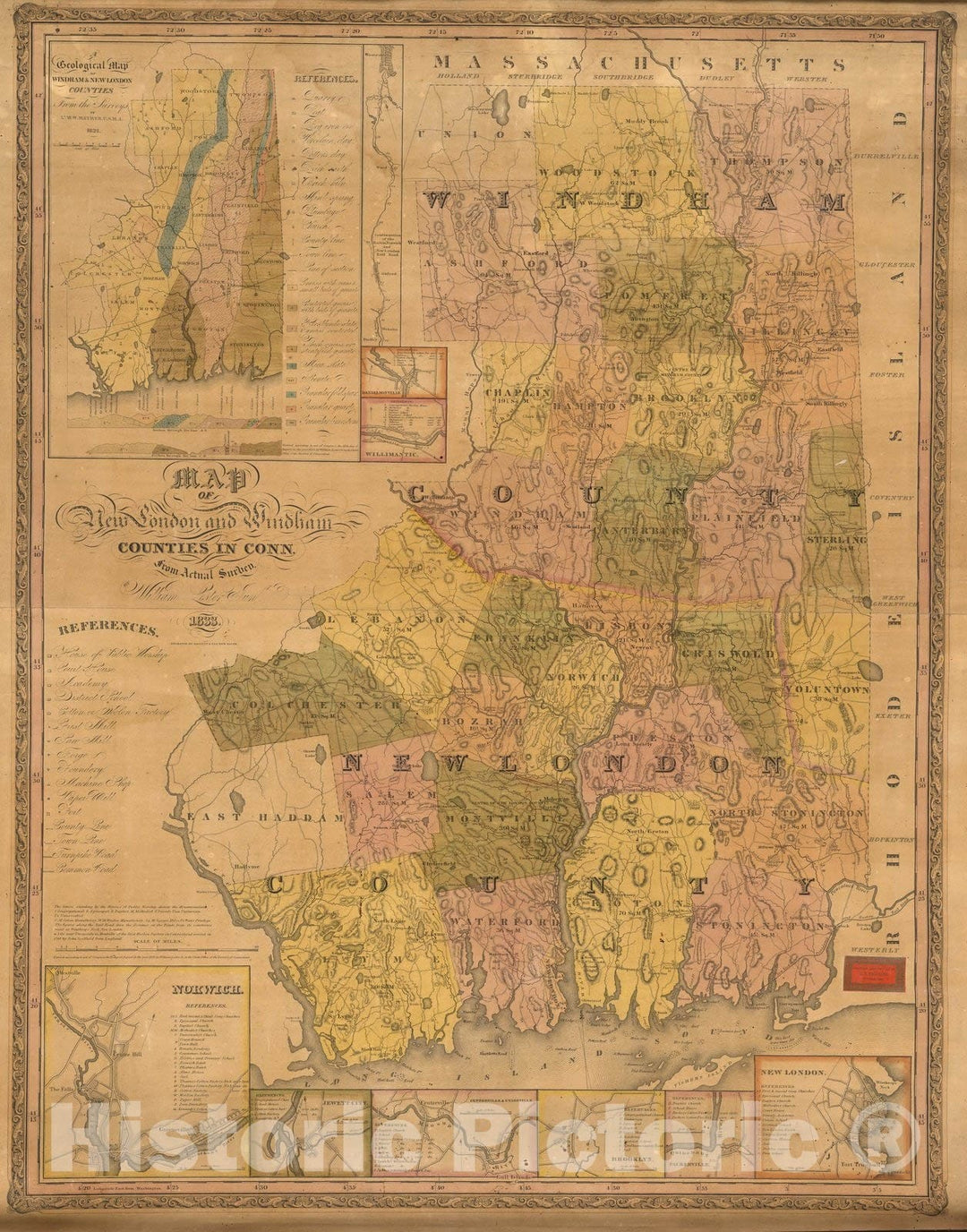 Historic Map : Map of New London and Windham Counties, 1833 - Vintage Wall Art