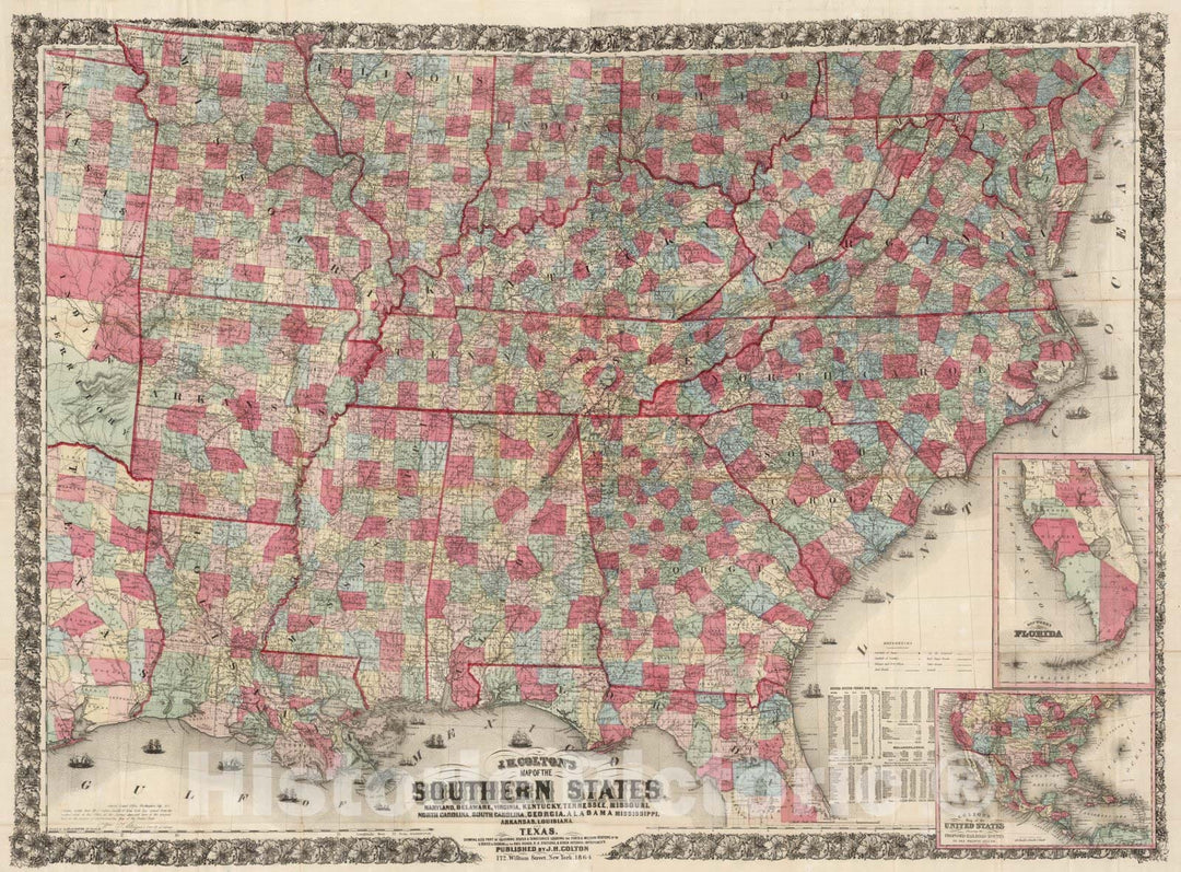 Historic Wall Map : Composite: Map of The Southern States, 1864 - Vintage Wall Art