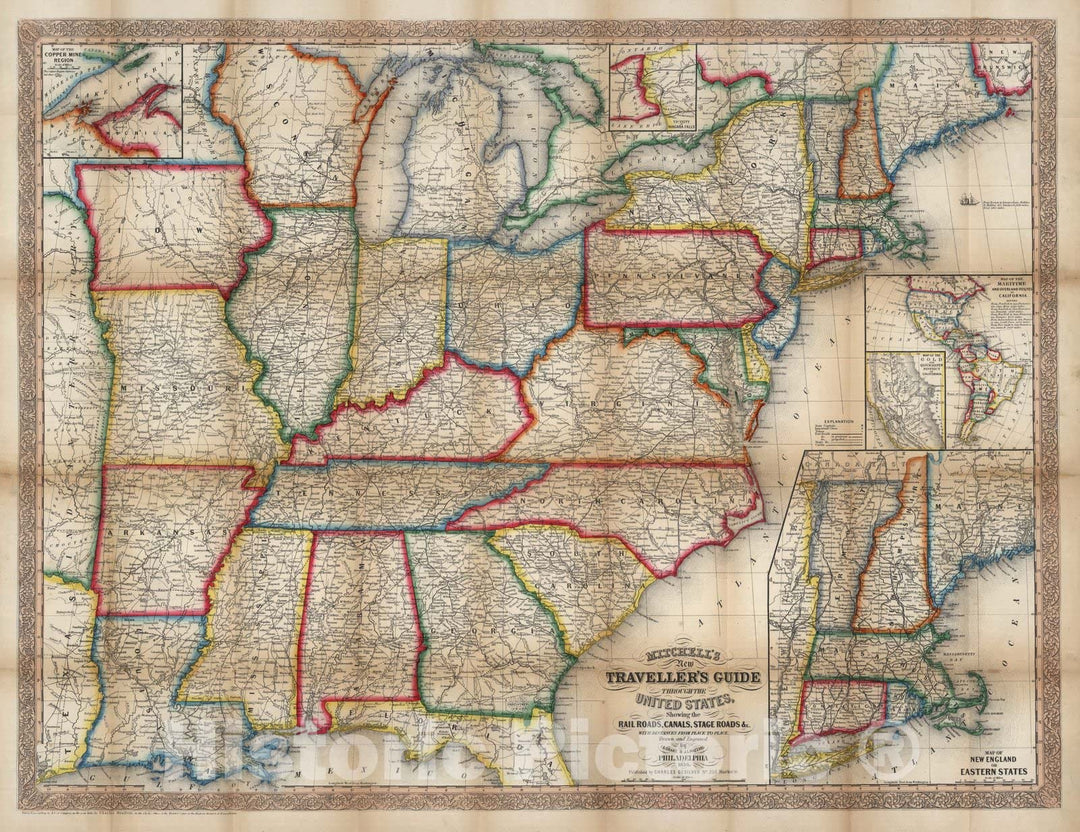 Historic Map : Guide Book, Traveller's Guide Through The United States 1856 - Vintage Wall Art