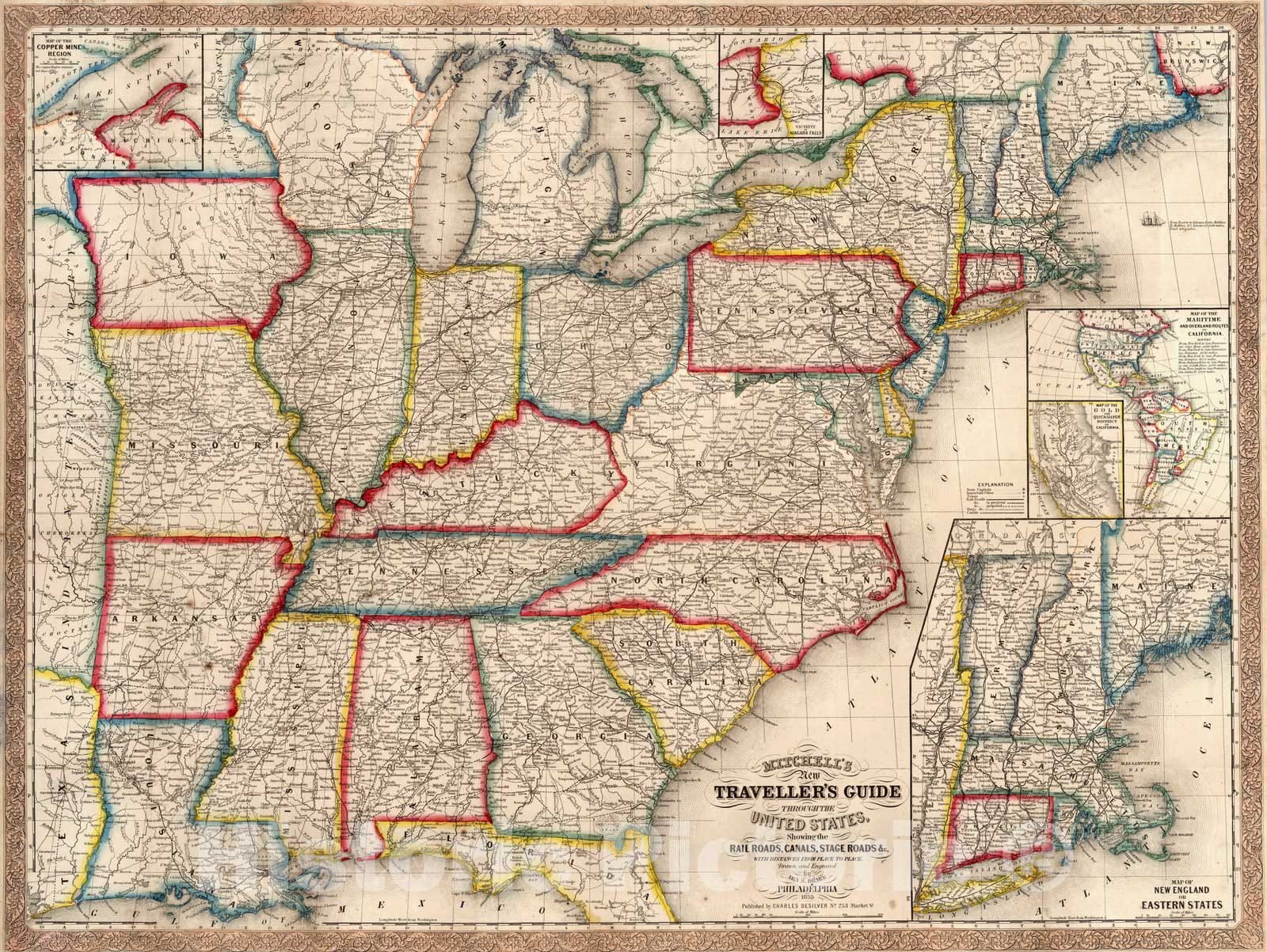 Historic Map : Guide Book, Guide Through The United States and the Canadas 1855 - Vintage Wall Art