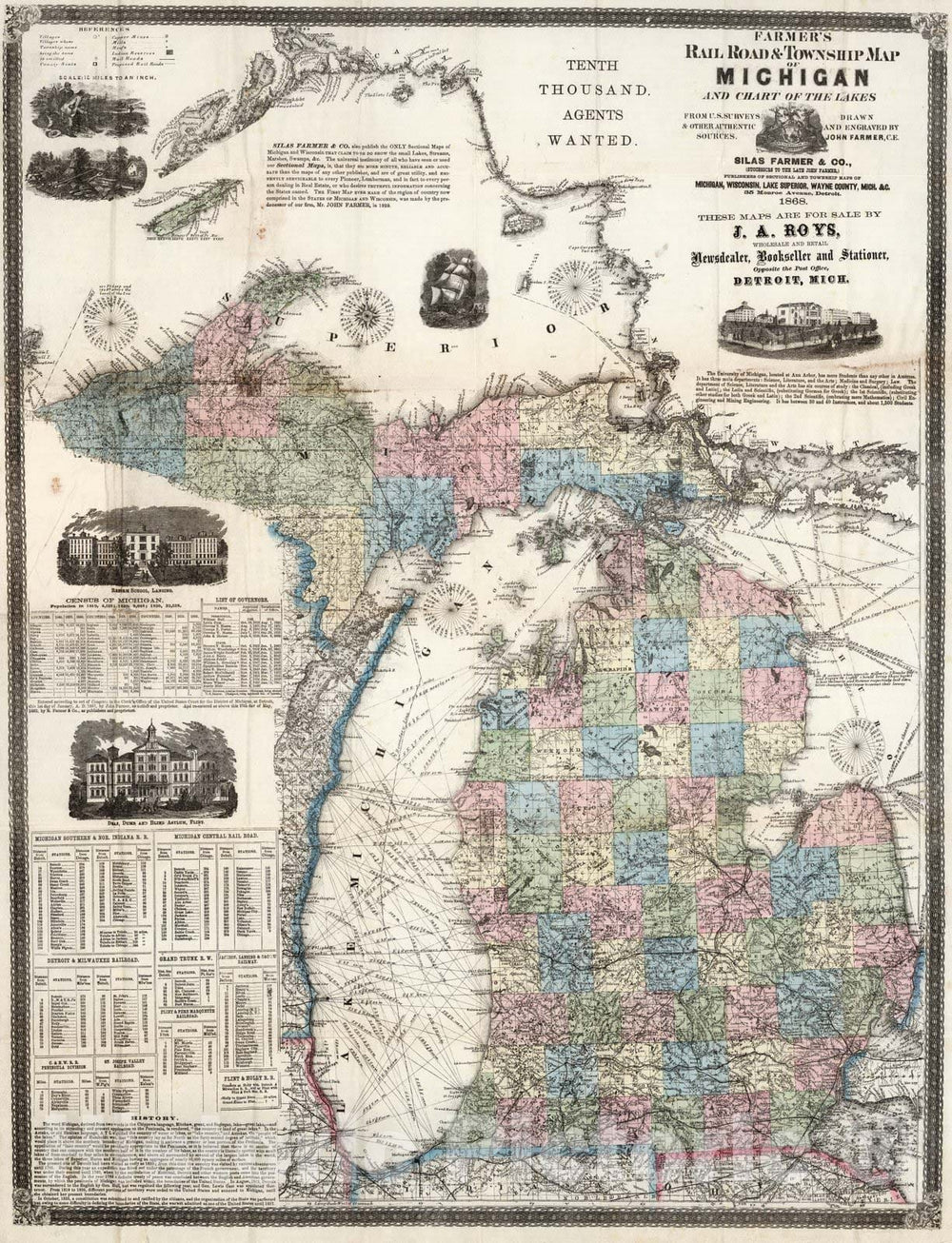 Historic Map - Farmer's Township And Railroad Map of Michigan, 1868 - Vintage Wall Art