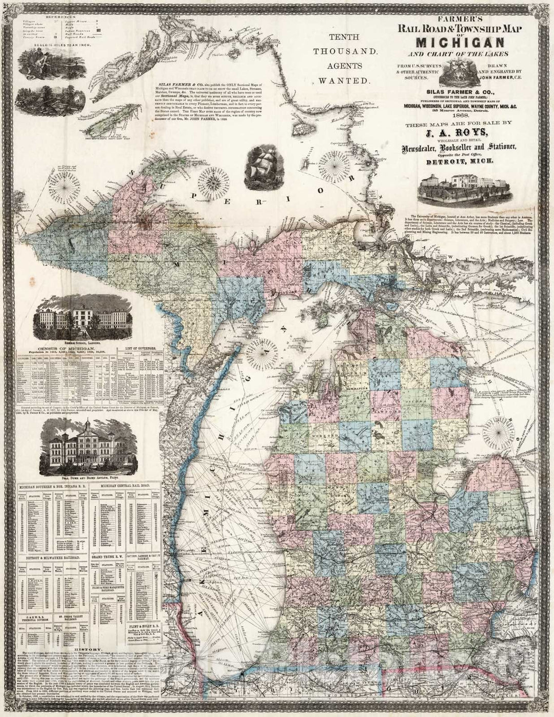 Historic Map - Farmer's Township And Railroad Map of Michigan, 1868 - Vintage Wall Art