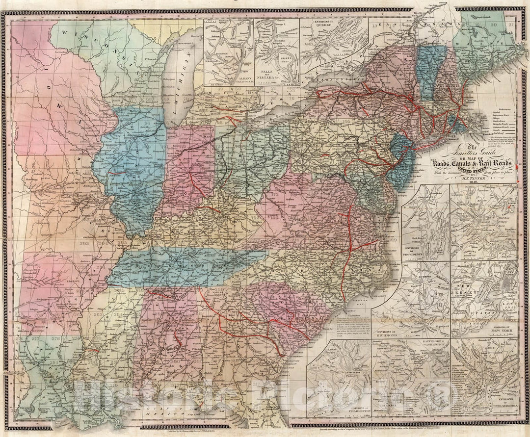 Historic Map : Map of the Roads, Canals & Rail Roads of The United States, 1846 - Vintage Wall Art