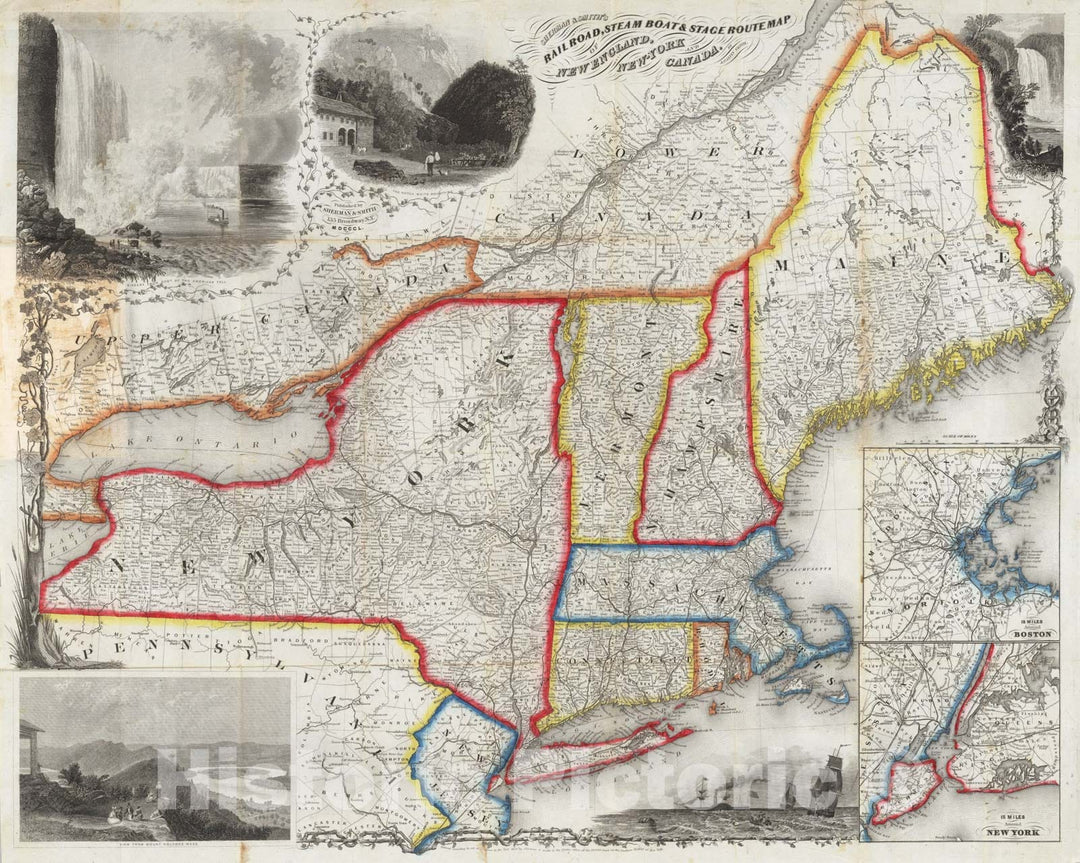 Historic Map - Pocket Map, New England, New-York And Canada 1850 - Vintage Wall Art