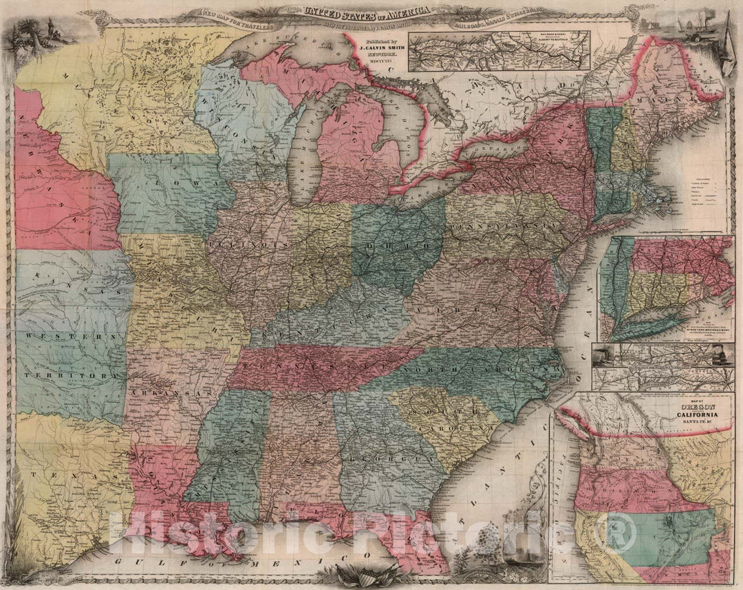 Historic Map : A New Map For Travellers Through the United States of America, 1856 - Vintage Wall Art