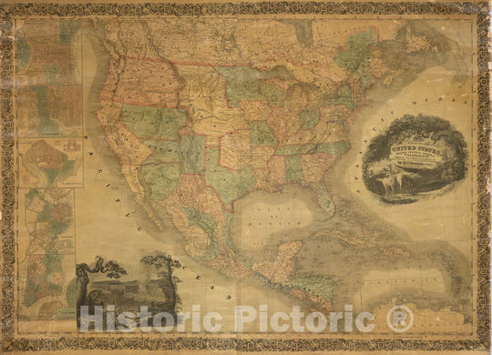 Historic Map : Wall Map, United States, Mexico, Central America, California, Oregon, New Mexico, W. Indies &c. 1851 - Vintage Wall Art