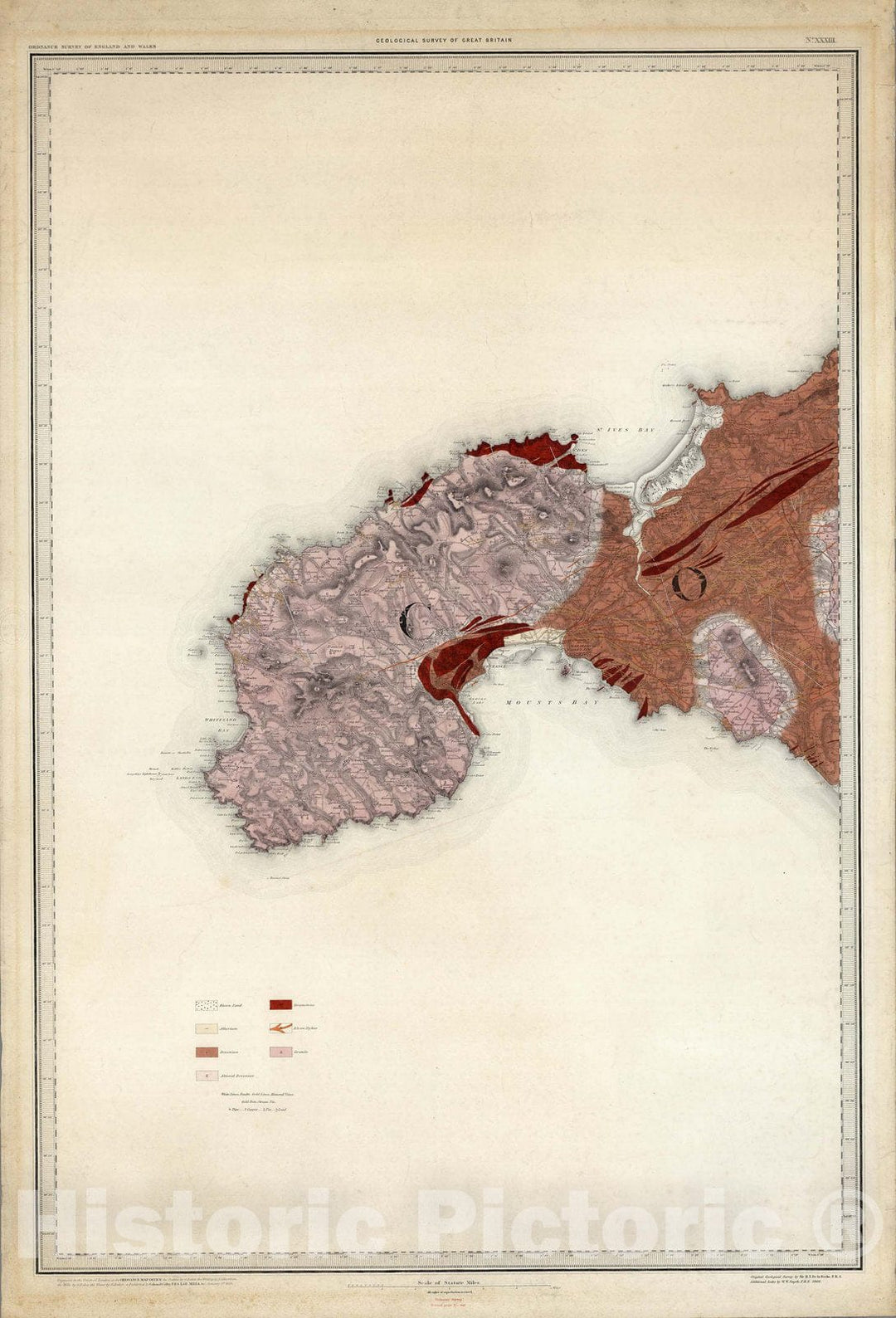 Historic Map : Geologic Atlas Map, 33. Penzance. 1866 - Vintage Wall Art