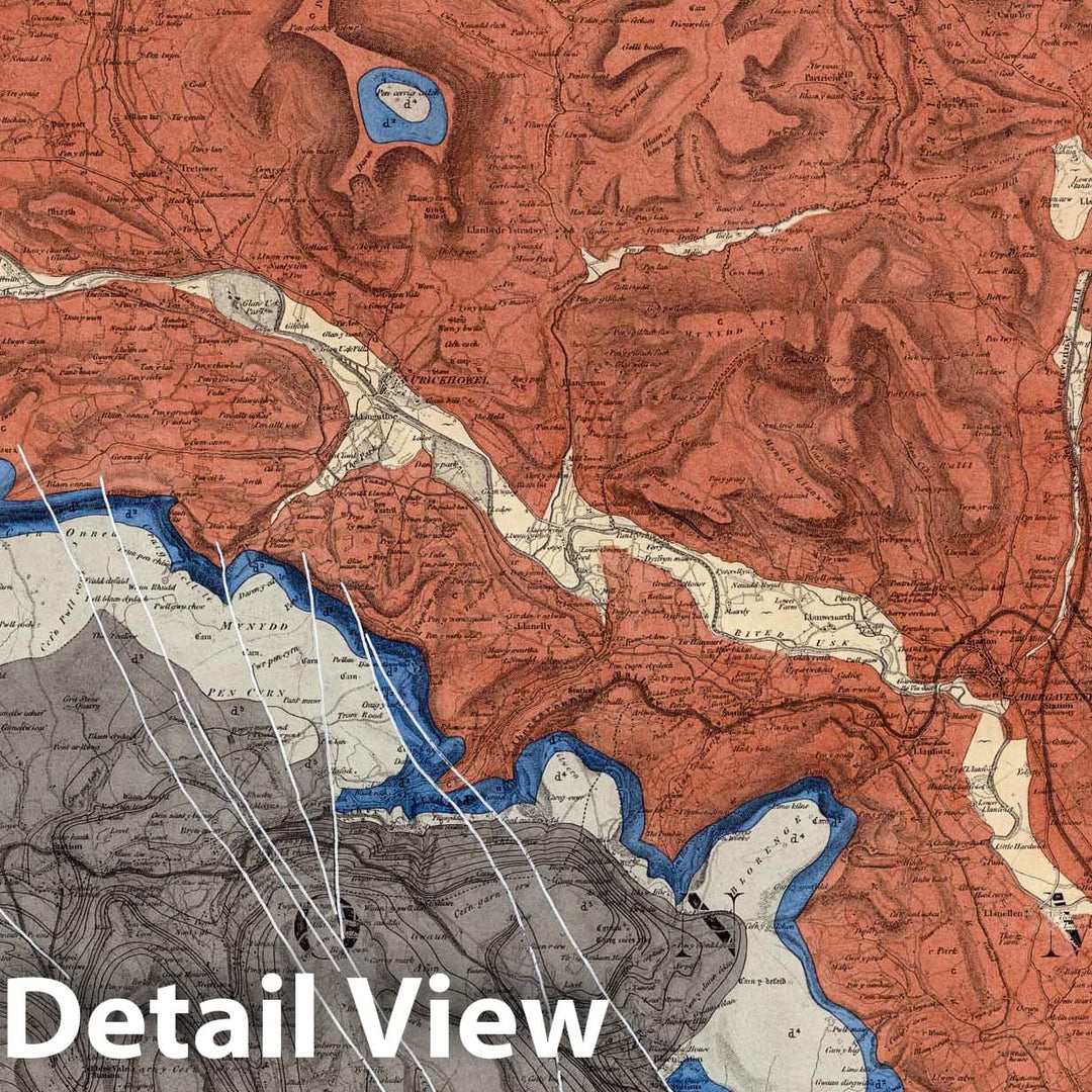 Historic Wall Map : Great Britain, Geologic Atlas Map, 42. Brecon, SE Quad. 1857 , Vintage Wall Art