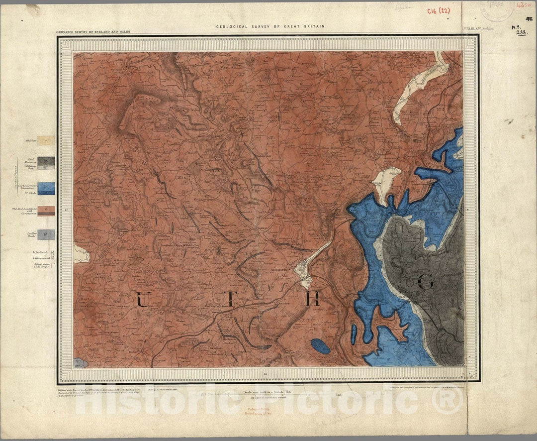 Historic Map : Geologic Atlas Map, 43. Monmouth, Hereford, SW Quad. 1883 - Vintage Wall Art