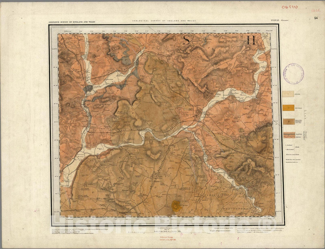 Historic Map : Geologic Atlas Map, 54. Stratford on Avon, Worcester, SE Quad. 1884 - Vintage Wall Art