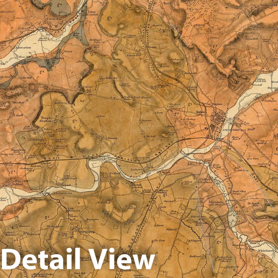 Historic Map : Geologic Atlas Map, 54. Stratford on Avon, Worcester, SE Quad. 1884 - Vintage Wall Art