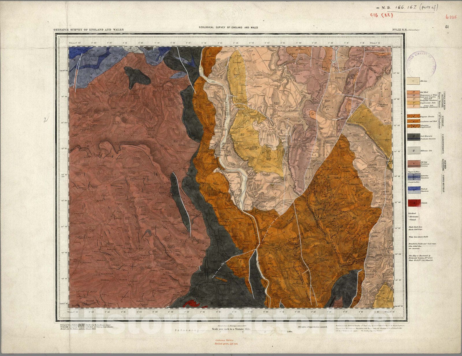 Historic Map : Geologic Atlas Map, 61. Bridgenorth, Shrewsbury, SE Quad. 1868 - Vintage Wall Art