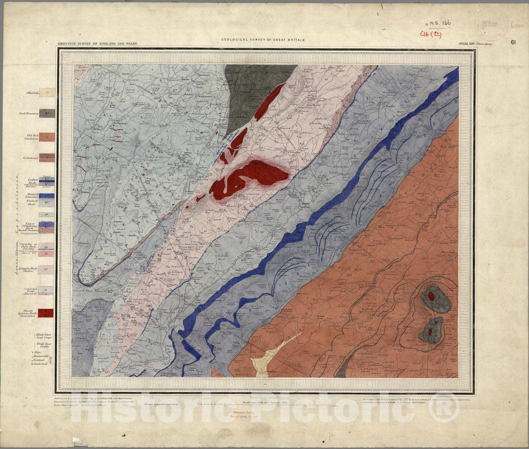 Historic Map : Geologic Atlas Map, 61. Church Stretton, Shrewsbury, SW Quad. 1855 - Vintage Wall Art