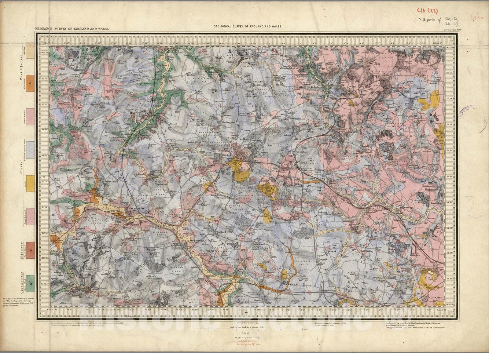 Historic Map : Geologic Atlas Map, 68. Cromer, SW Quad. 1885 - Vintage Wall Art