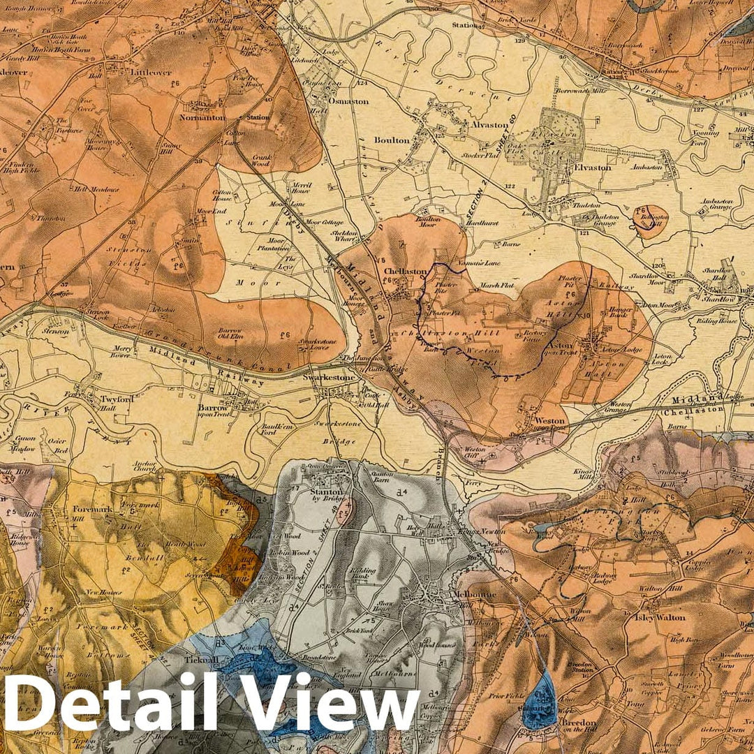 Historic Map : Geologic Atlas Map, 71. Derby, Nottingham, SW Quad. 1855 - Vintage Wall Art