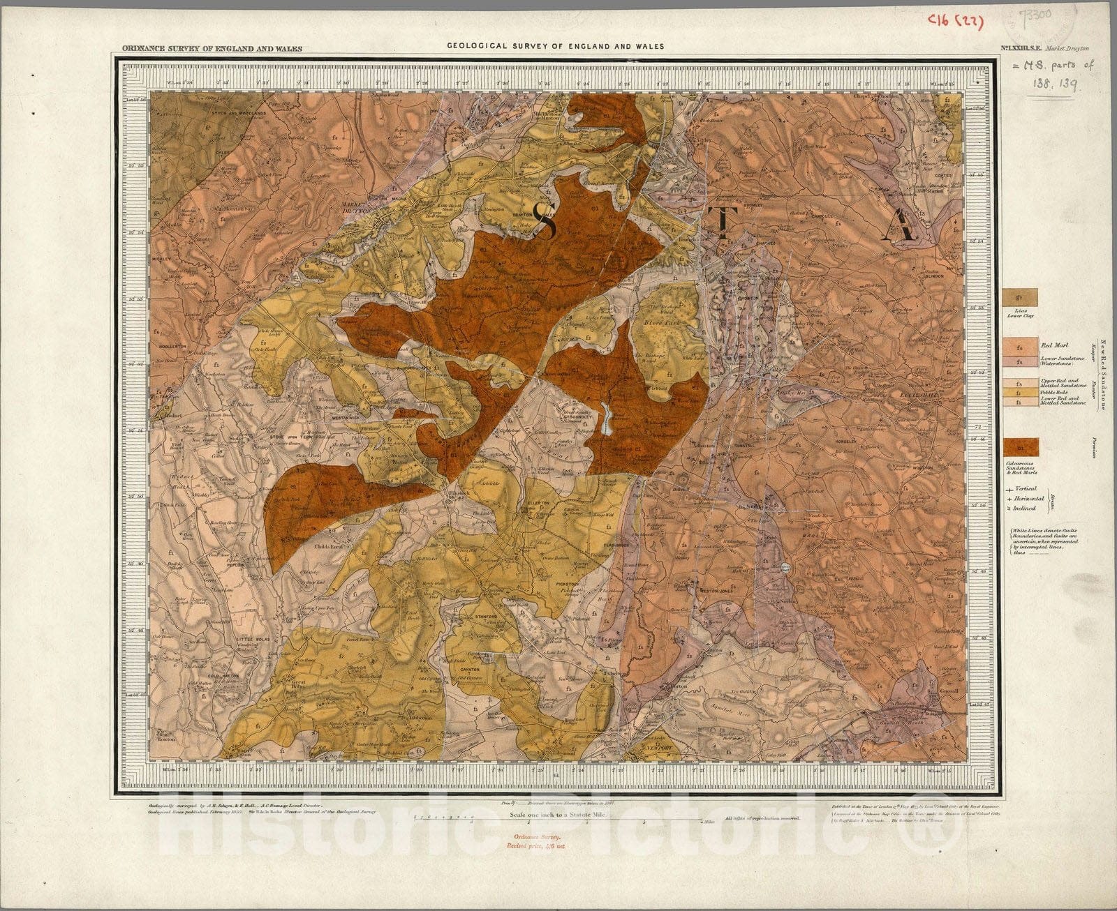 Historic Map : Geologic Atlas Map, 73. Market Drayton, SE Quad. 1867 - Vintage Wall Art