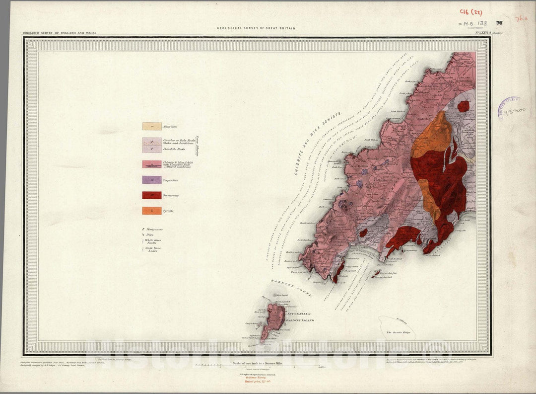 Historic Map : Geologic Atlas Map, 76. Bardsey Island, S Quad. 1850 - Vintage Wall Art