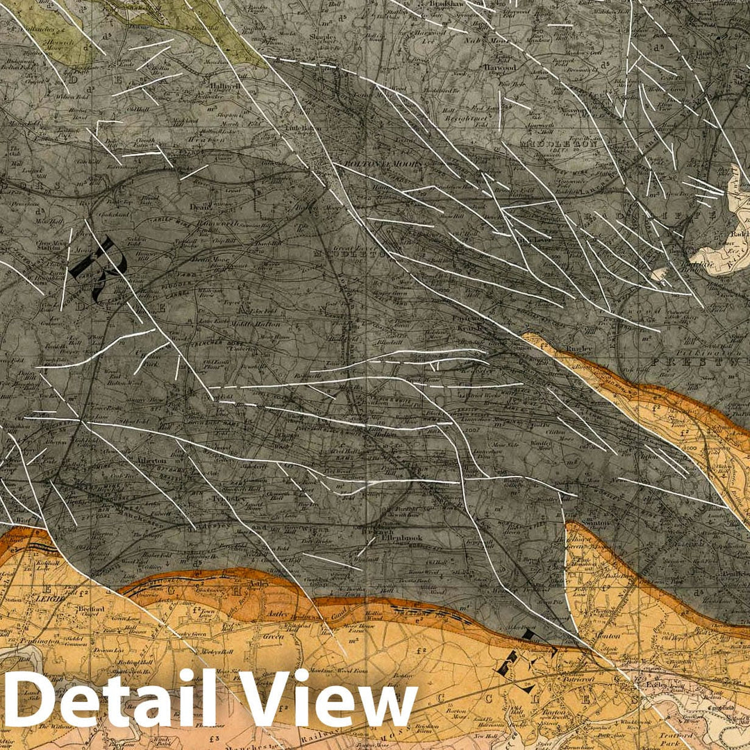 Historic Wall Map : England, Geologic Atlas Map, 89. Bolton, SE Quad. 1874 , Vintage Wall Art