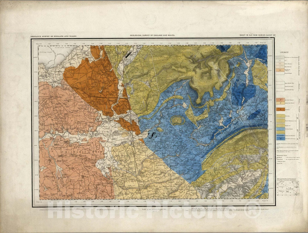 Historic Map : Great Britain, Geologic Atlas Map, 91. Lancaster, SE Quad. 1883 , Vintage Wall Art